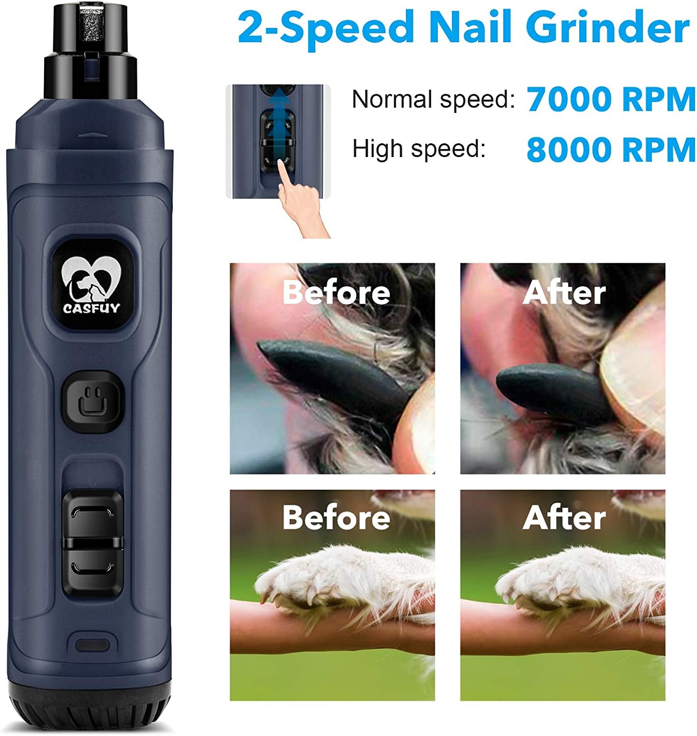 Powerful 2-Speed Dog Nail Grinder with LED Lights - Quiet, Painless Electric Pet Nail Trimmer for Small, Medium, Large Dogs & Cats - Professional Grooming & Smoothing