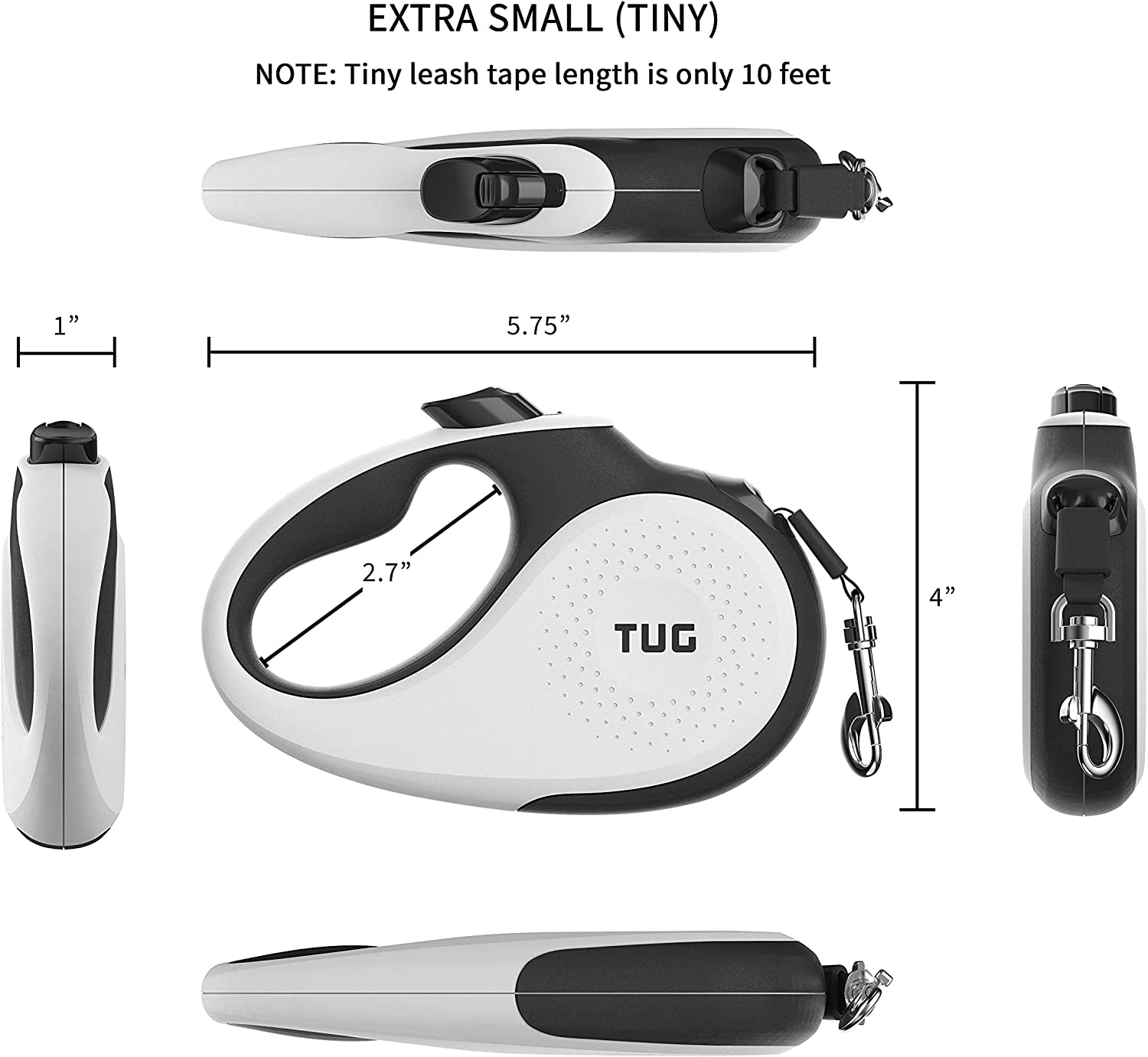 Compact 360° Tangle-Free Retractable Dog Leash with Anti-Slip Handle | 10 Ft Nylon Tape | One-Handed Brake, Pause, Lock (White)