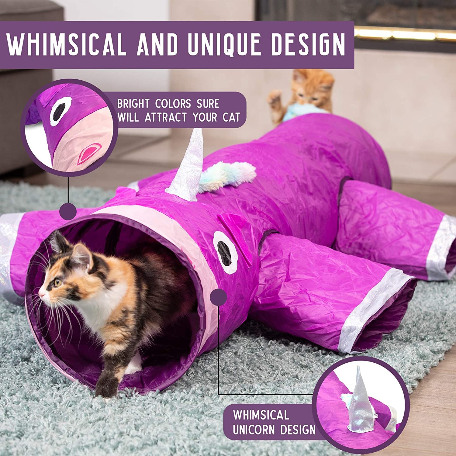 Magic Mewnicorn Multi Cat Tunnel - Boredom Relief Toy with Crinkle Feather String for Dogs, Cats, Rabbits, Kittens, and Guinea Pigs - Perfect for Hiding, Hunting, and Resting