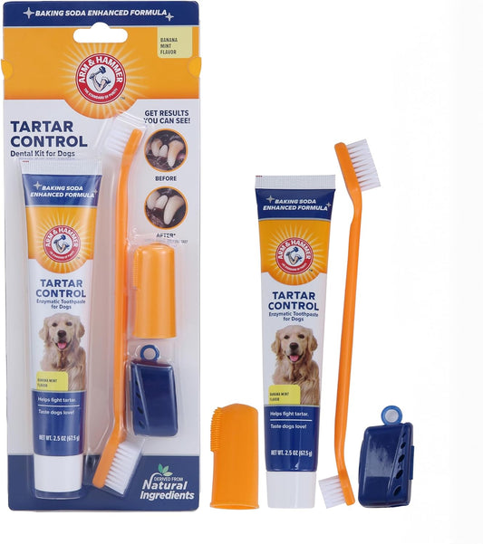 Dog Dental Care Kit | Includes Toothpaste, Toothbrush & Fingerbrush | Reduces Plaque & Tartar | 3-Piece Set, Banana Mint Flavor