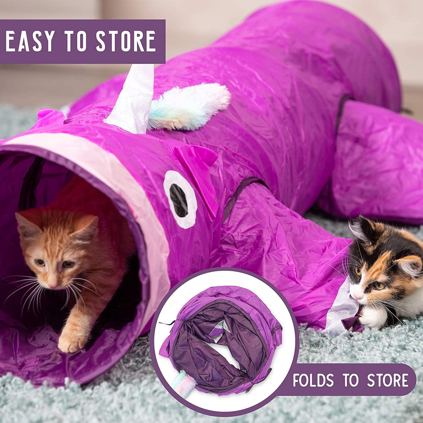 Magic Mewnicorn Multi Cat Tunnel - Boredom Relief Toy with Crinkle Feather String for Dogs, Cats, Rabbits, Kittens, and Guinea Pigs - Perfect for Hiding, Hunting, and Resting