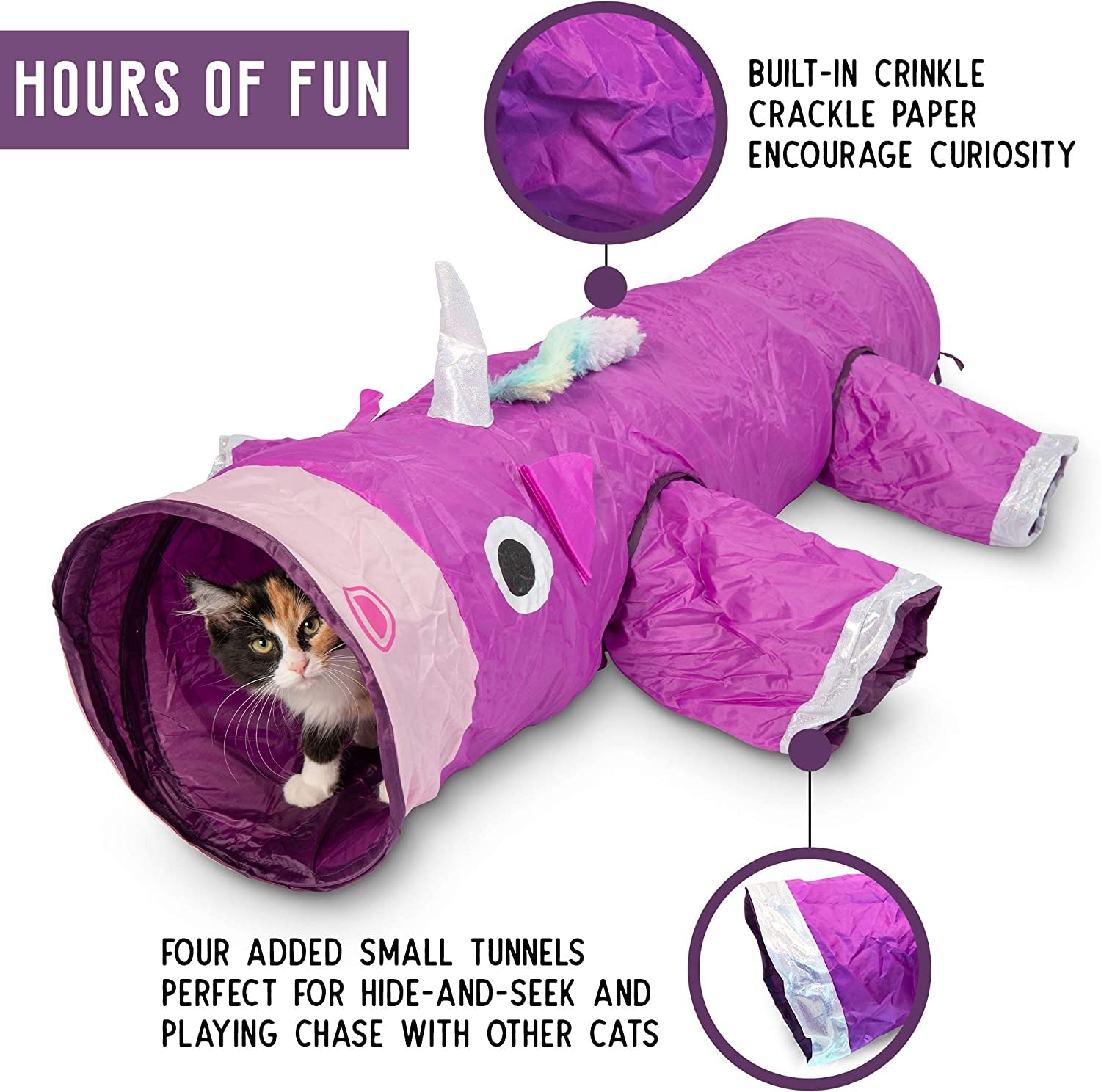Magic Mewnicorn Multi Cat Tunnel - Boredom Relief Toy with Crinkle Feather String for Dogs, Cats, Rabbits, Kittens, and Guinea Pigs - Perfect for Hiding, Hunting, and Resting